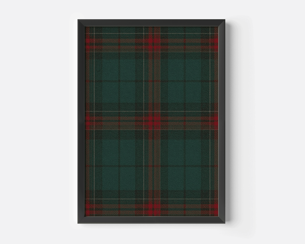 Green and red tartan plaid Christmas wall art print in a black frame