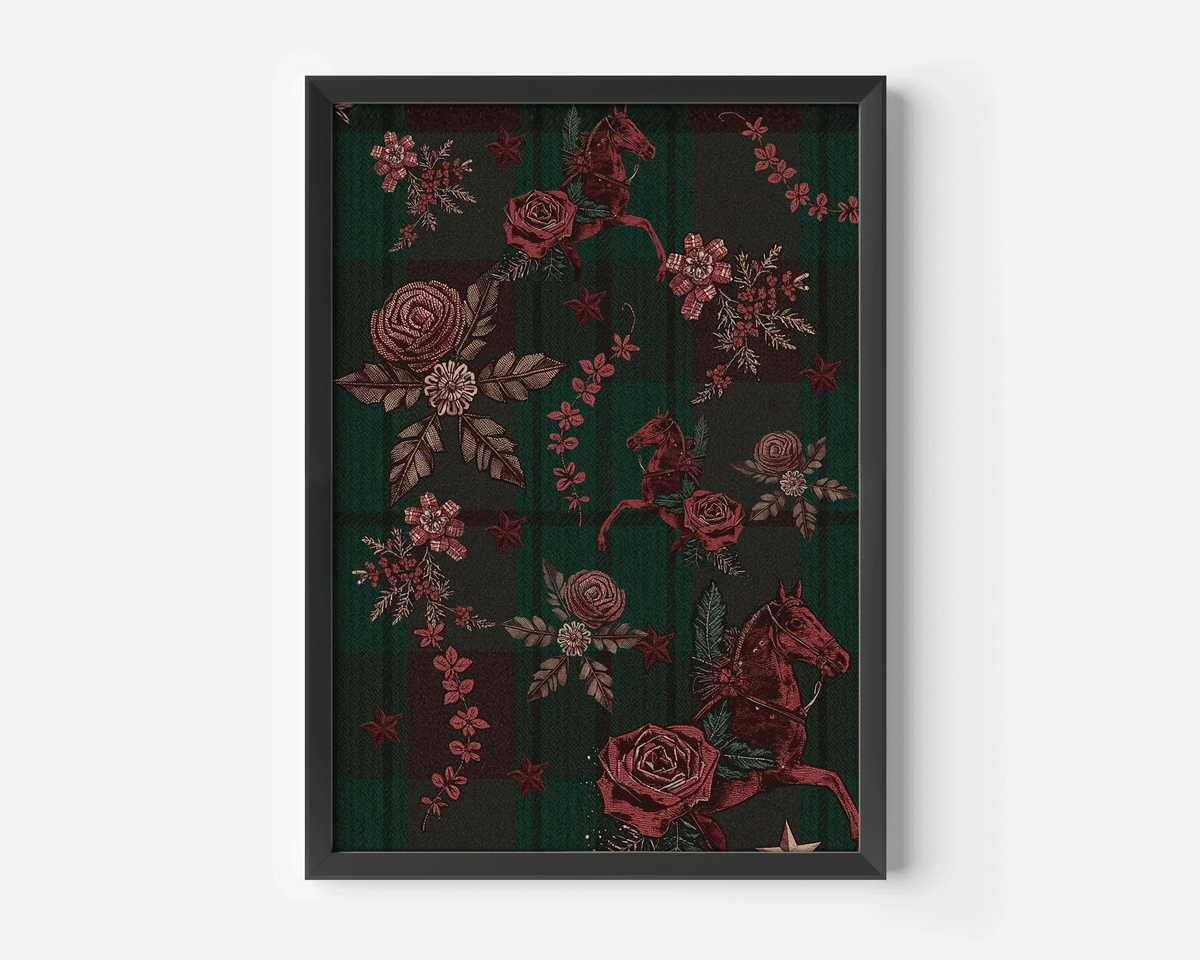 Tartan plaid Christmas wall art with vintage red horses and florals in a black frame