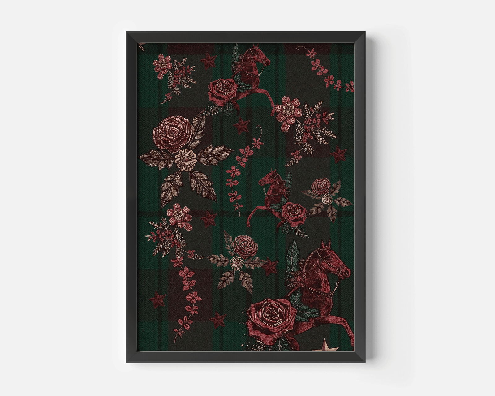 Classic tartan plaid Christmas wall art in a black frame showcasing vintage red horses, deep green plaid, and Ralph Lauren–style heritage florals on a clean white background