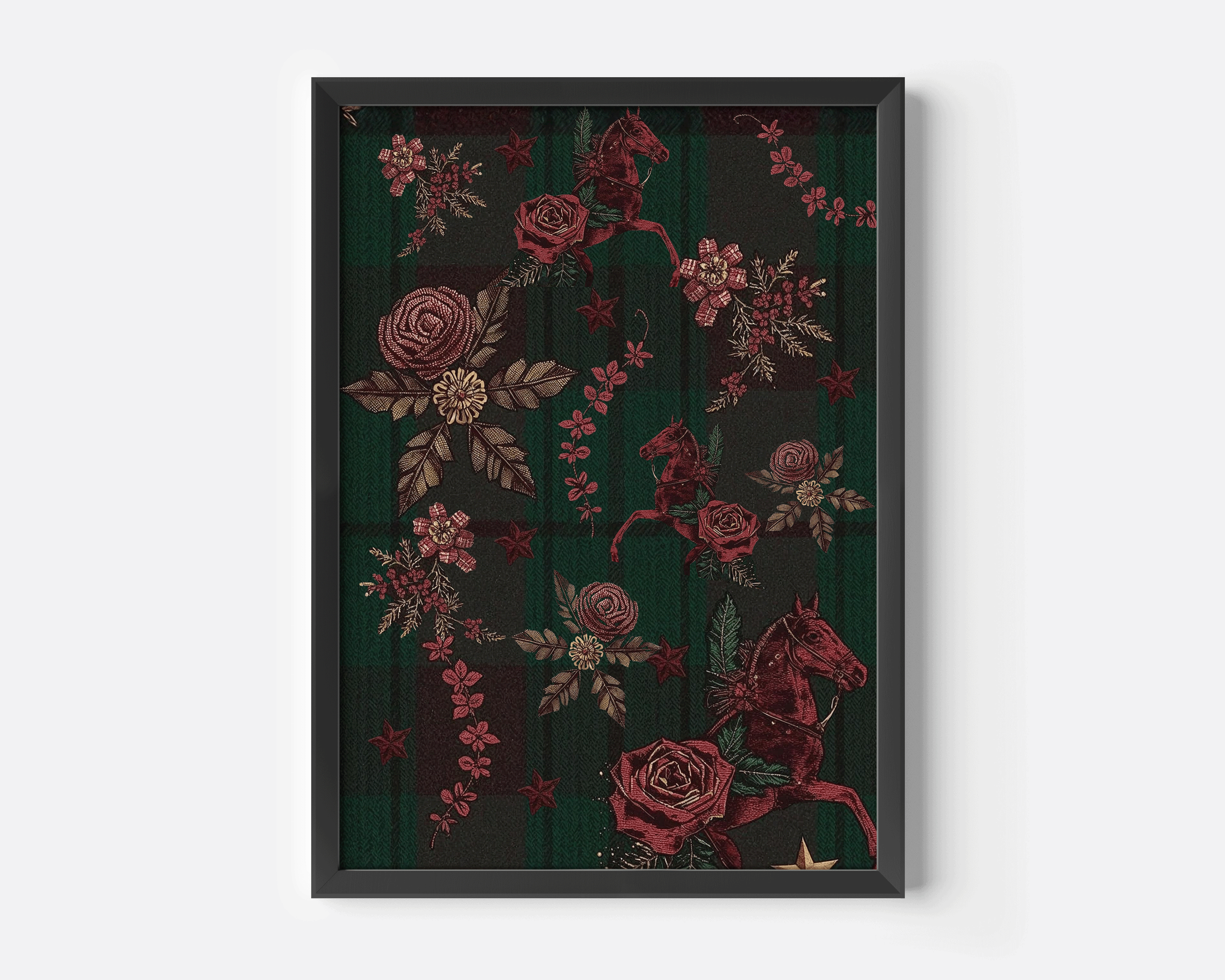 Classic tartan plaid Christmas wall art in a black frame showcasing vintage red horses, deep green plaid, and Ralph Lauren–style heritage florals on a clean white background