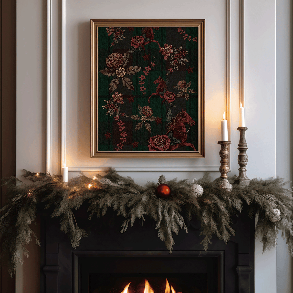 Tartan plaid Christmas wall art with vintage red horses above a fireplace mantel with garland and candles