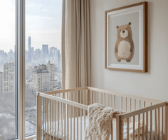 Neutral teddy bear nursery wall art print in brown wooden frame styled above crib in modern baby room
