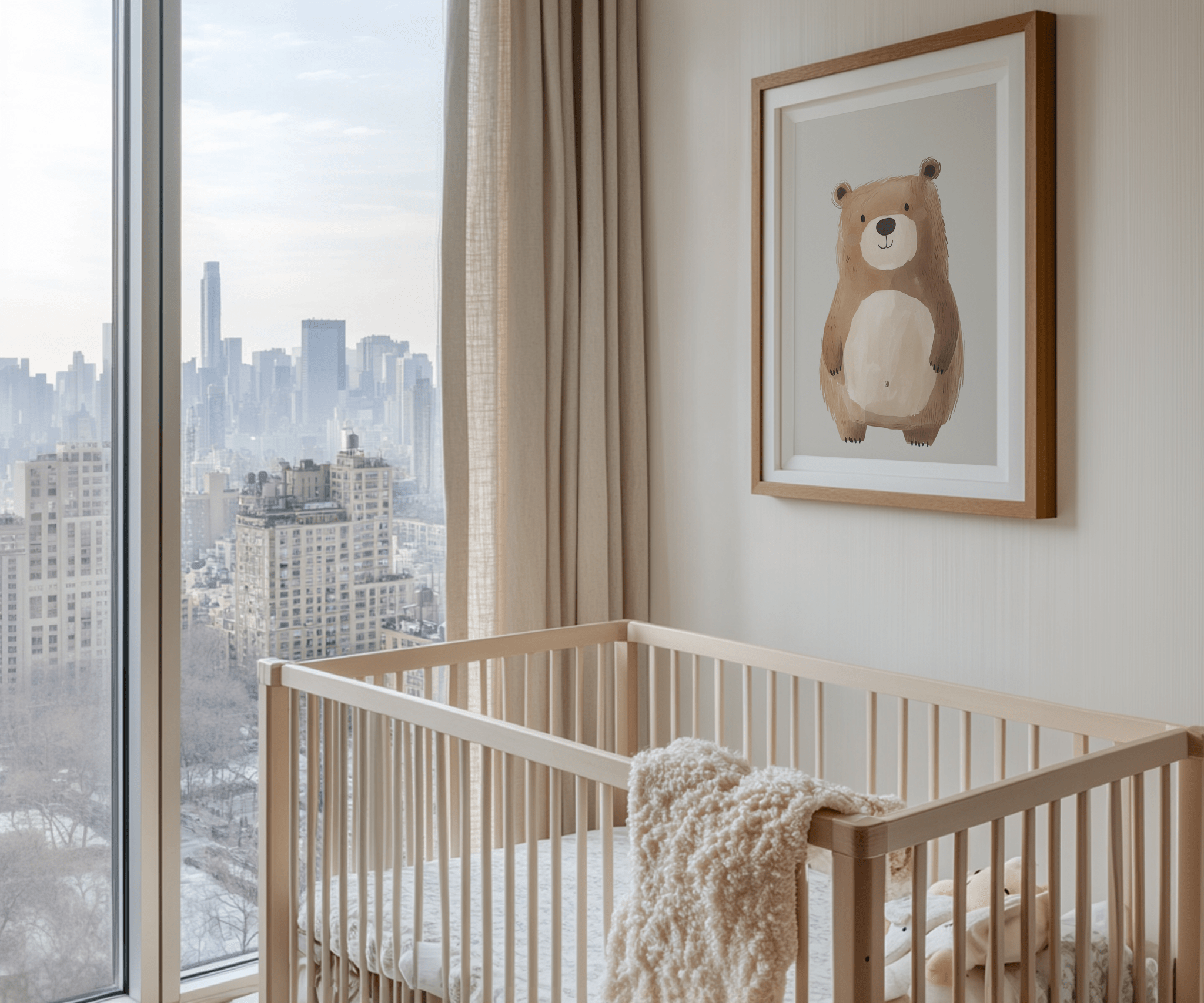 Neutral teddy bear nursery wall art print in brown wooden frame styled above crib in modern baby room
