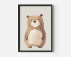 Teddy bear wall art print in black frame with soft beige bear illustration on neutral background