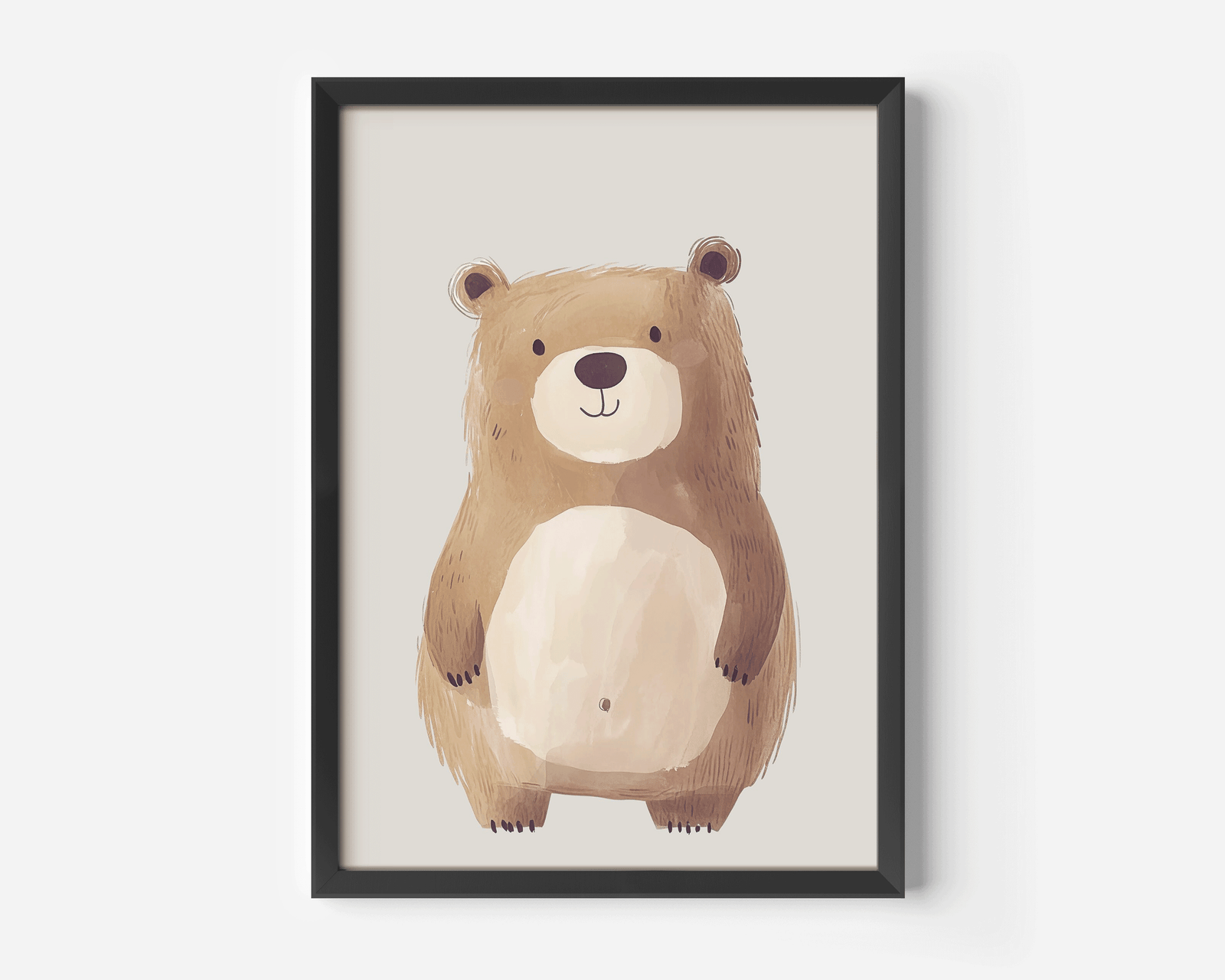 Teddy bear wall art print in black frame with soft beige bear illustration on neutral background