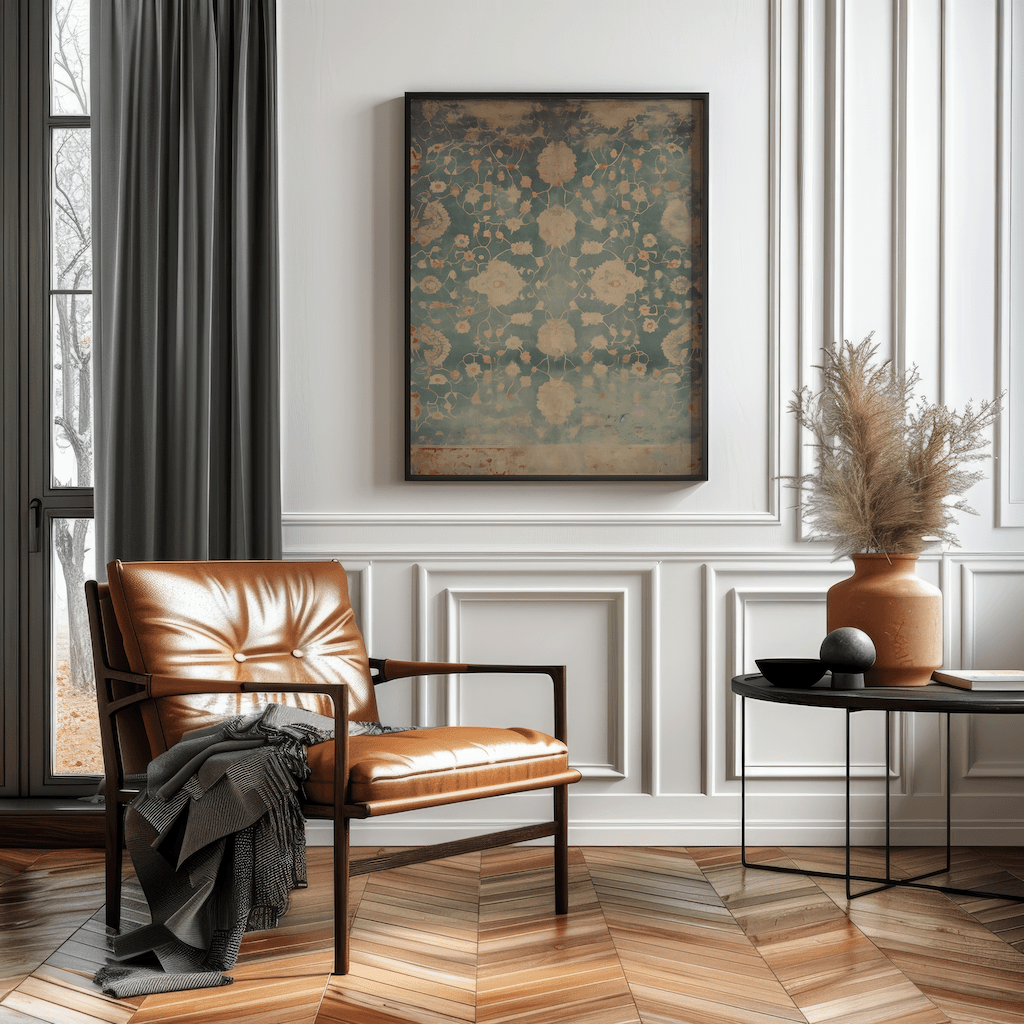 Modern living room with a brown leather chair, botanical-inspired blue and beige tapestry wall art print framed, and side table.