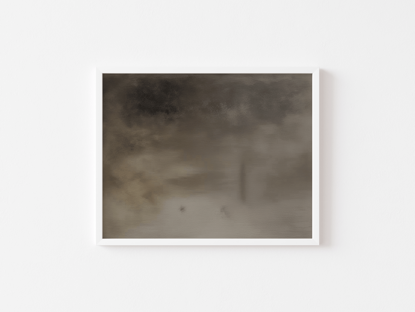 Close-up product image of a brown, earthy moody abstract canvas wall art print with dark neutral tones framed in a sleek white frame against a clean white background.