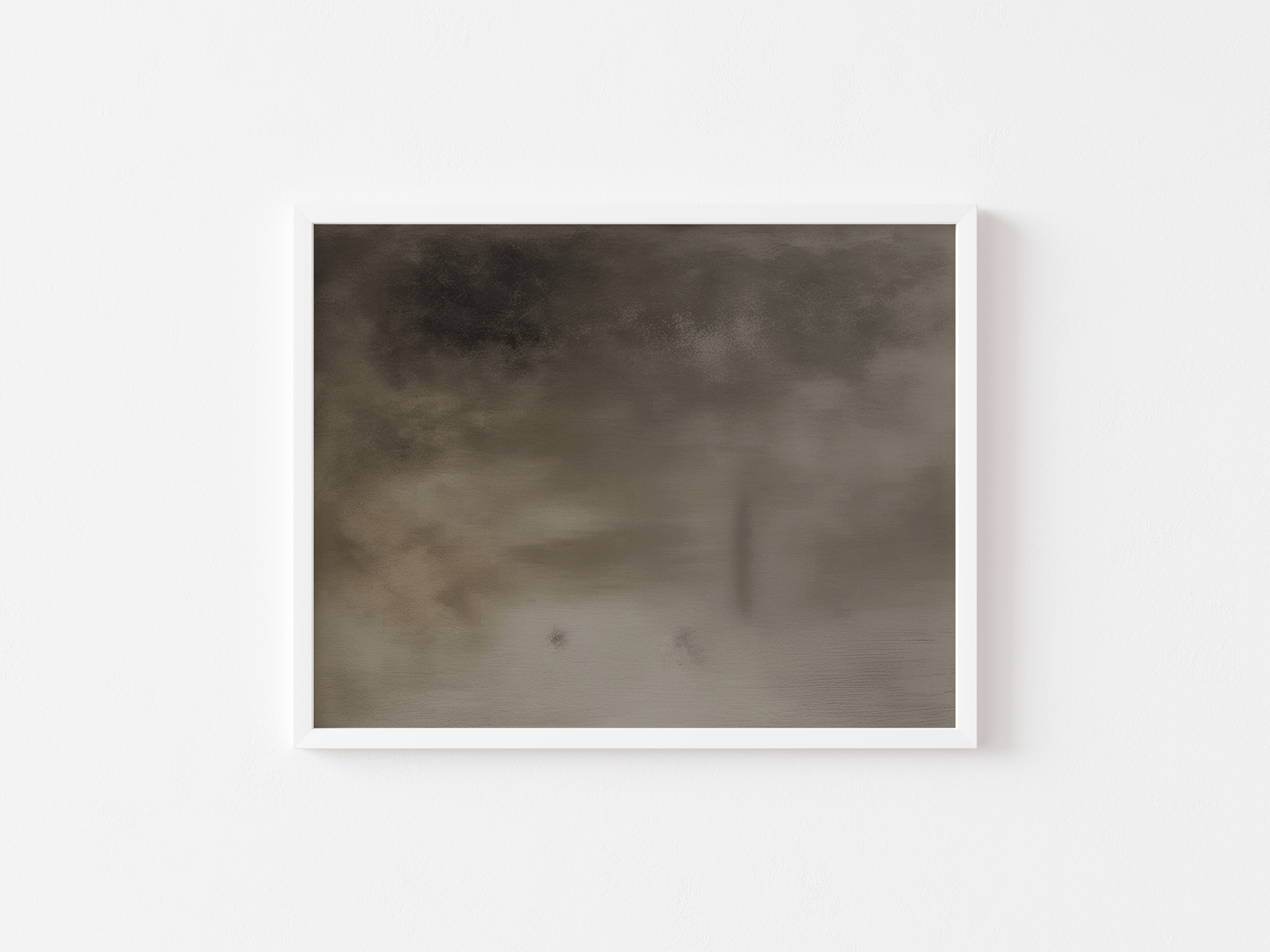 Close-up product image of a brown, earthy moody abstract canvas wall art print with dark neutral tones framed in a sleek white frame against a clean white background.