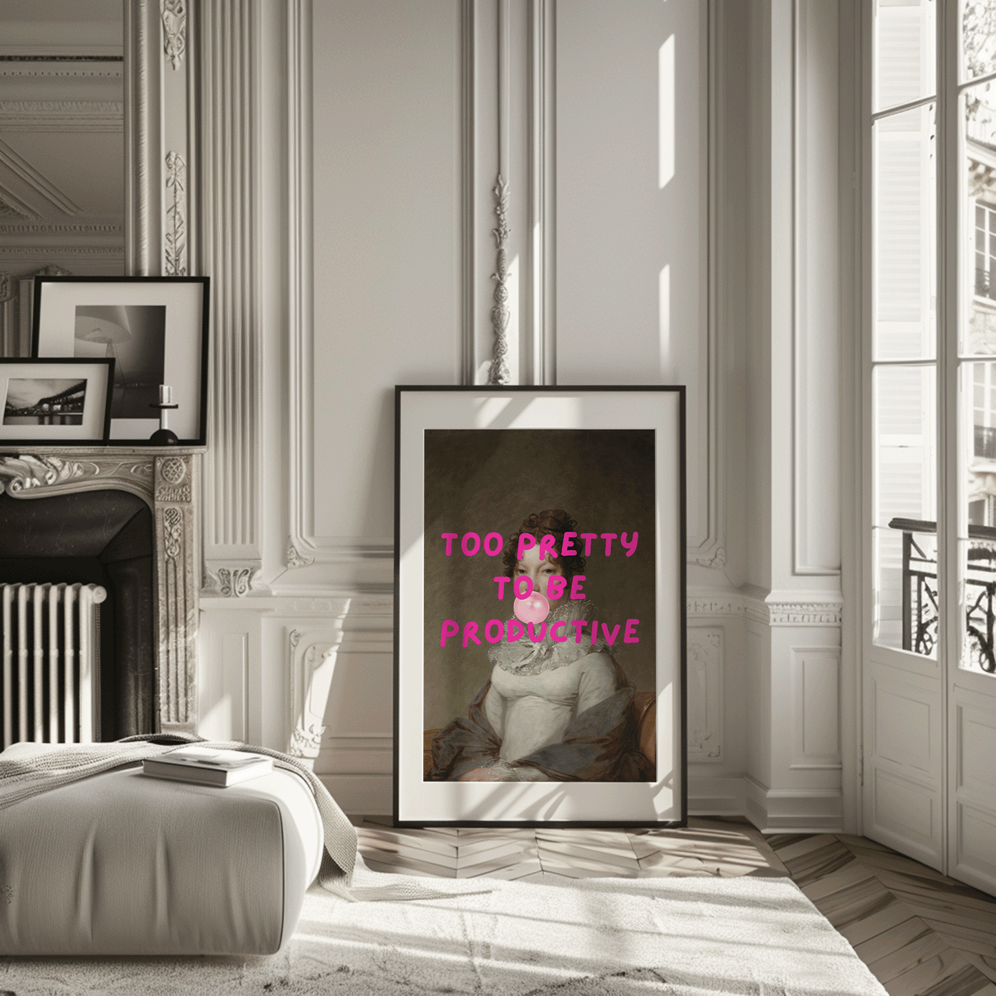 Framed funny modern renaissance woman wall art print with text in a living room next to fireplace.