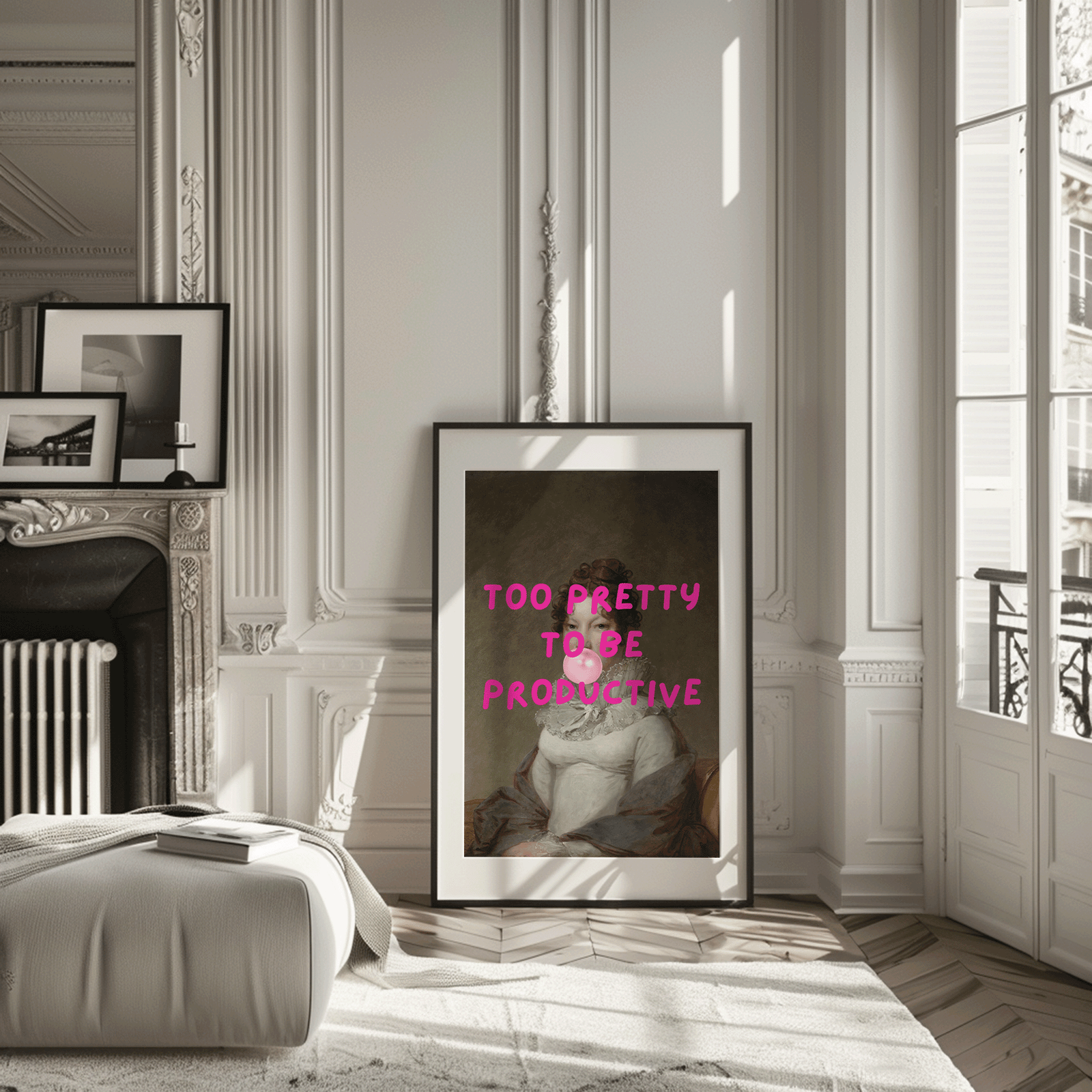 Framed funny modern renaissance woman wall art print with text in a living room next to fireplace.