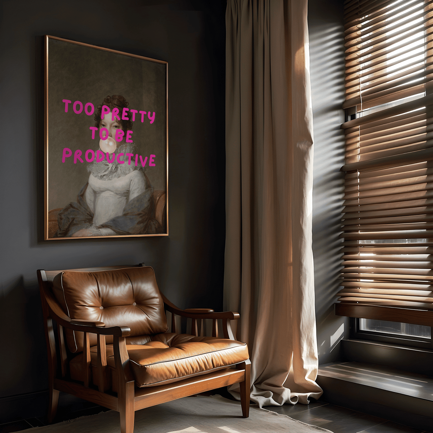 Brown leather armchair in modern home office with a framed funny wall art print of a Renaissance woman with typography