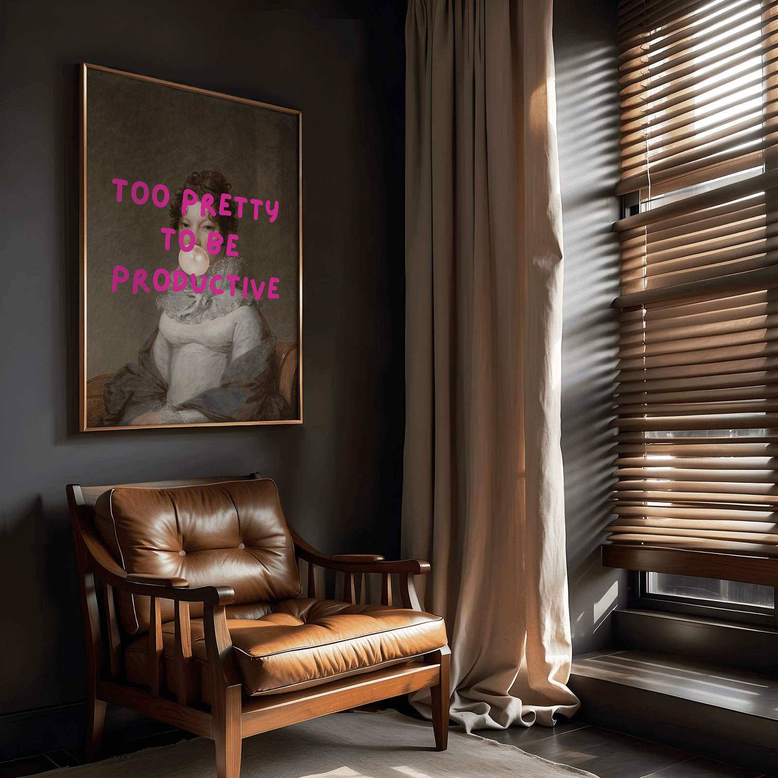 Brown leather armchair in modern home office with a framed funny wall art print of a Renaissance woman with typography