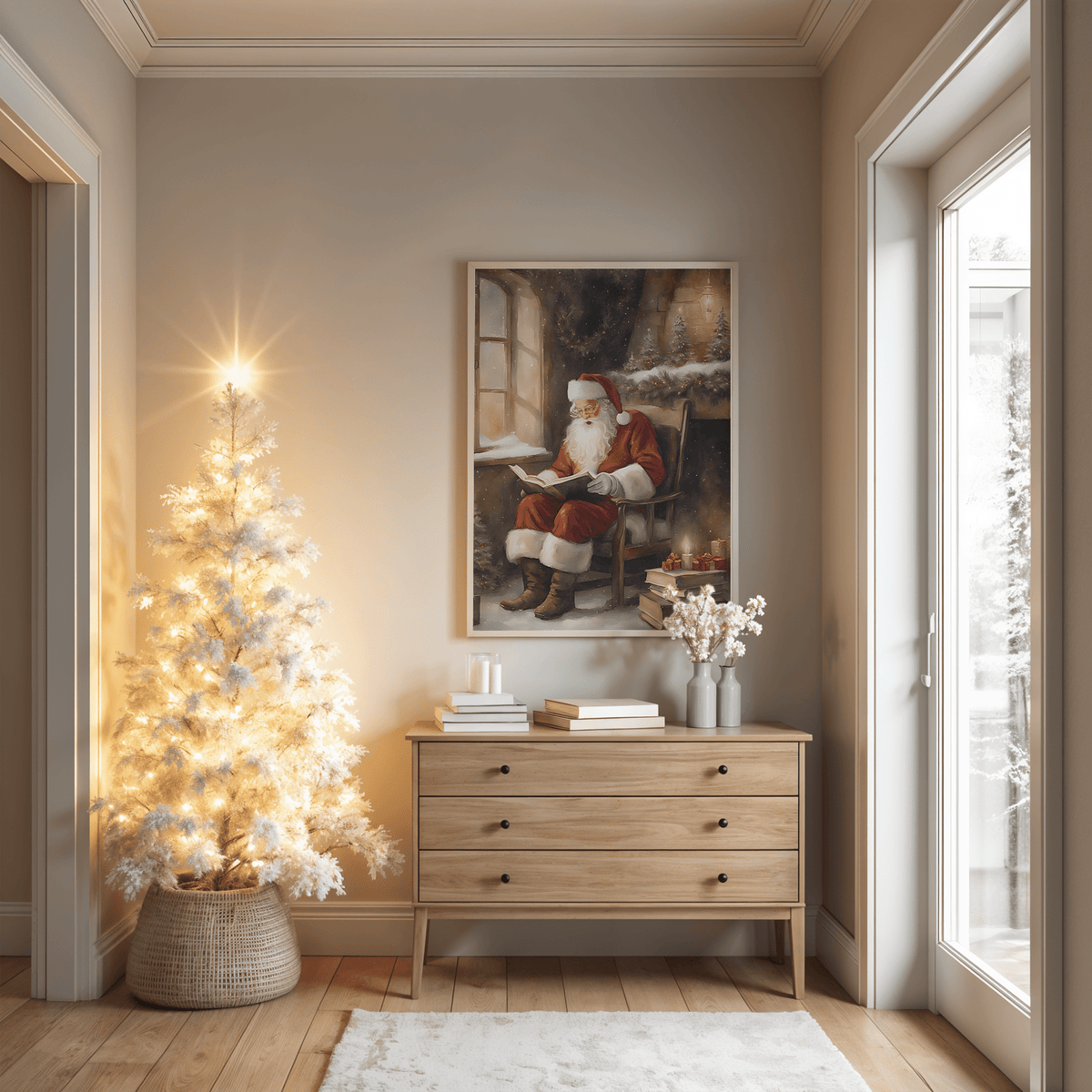 traditional Santa reading portrait framed wall art above wooden modern console table in warm holiday hallway or entryway next to a white flocked lit christmas tree.