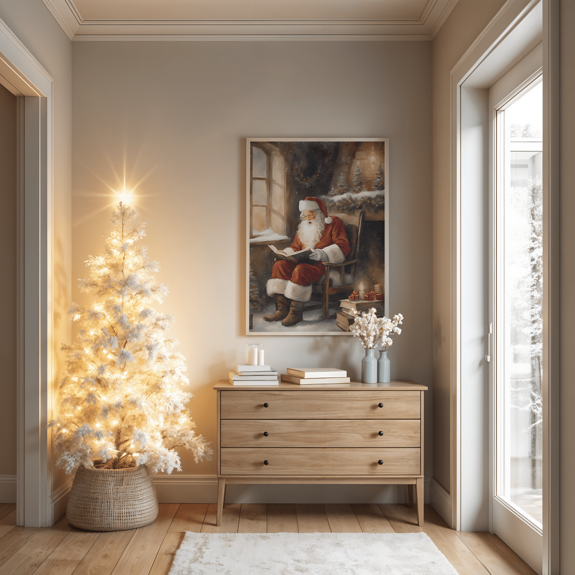 traditional Santa reading portrait framed wall art above wooden modern console table in warm holiday hallway or entryway next to a white flocked lit christmas tree.