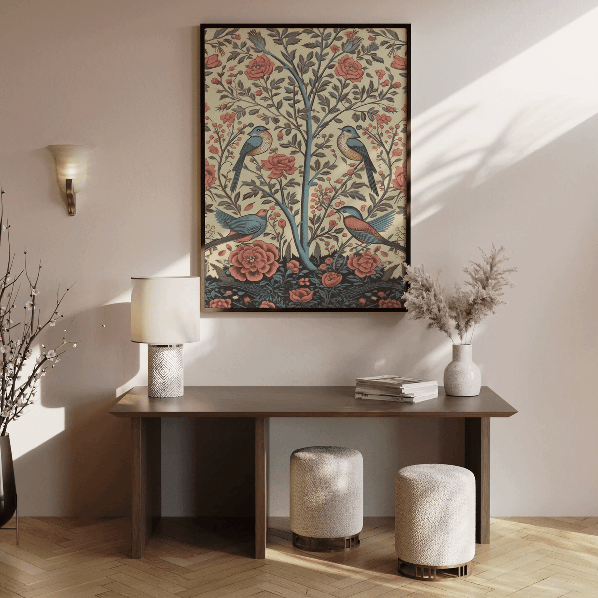 Tree of life bird art above a dark wood console with stools and a wall sconce