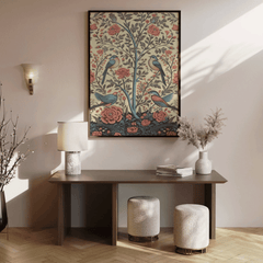Tree of life bird art above a dark wood console with stools and a wall sconce