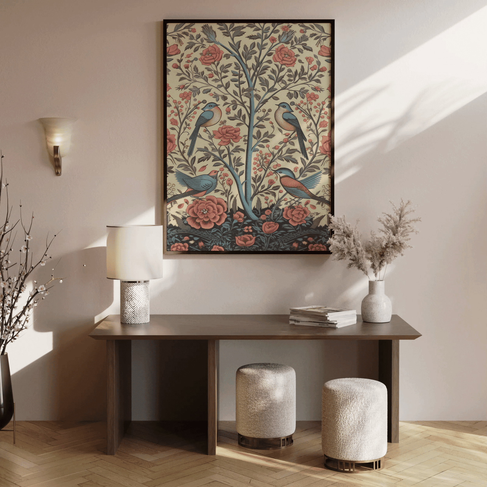 Tree of life bird art above a dark wood console with stools and a wall sconce