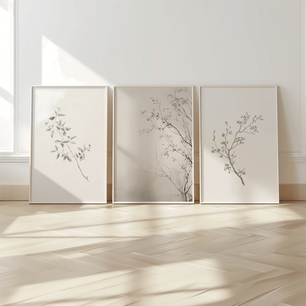 set of three large framed neutral minimal prints with branches and vintage florals