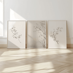 set of three large framed neutral minimal prints with branches and vintage florals