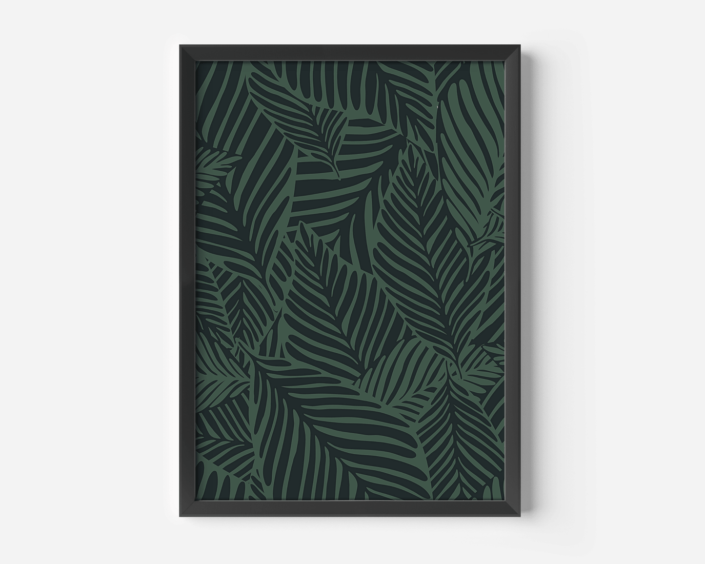 Tropical botanical print in a black frame, dark green palm leaf pattern