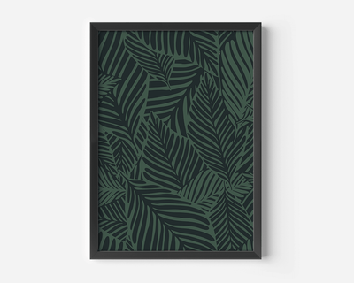 Tropical botanical print in a black frame, dark green palm leaf pattern