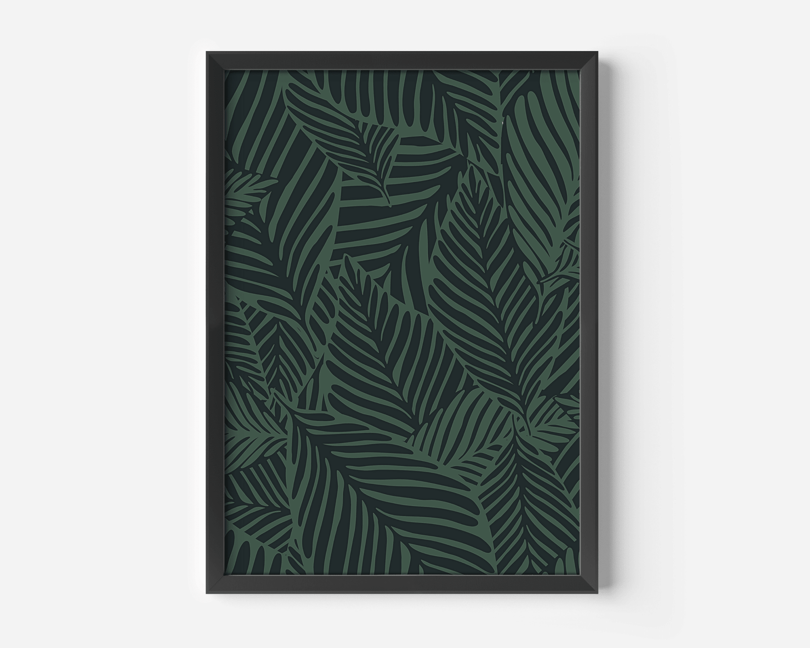 Tropical botanical print in a black frame, dark green palm leaf pattern