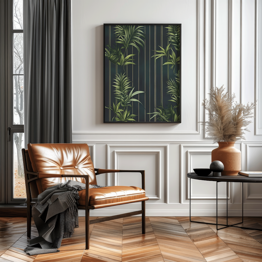 Black framed tropical wall art above a brown leather armchair
