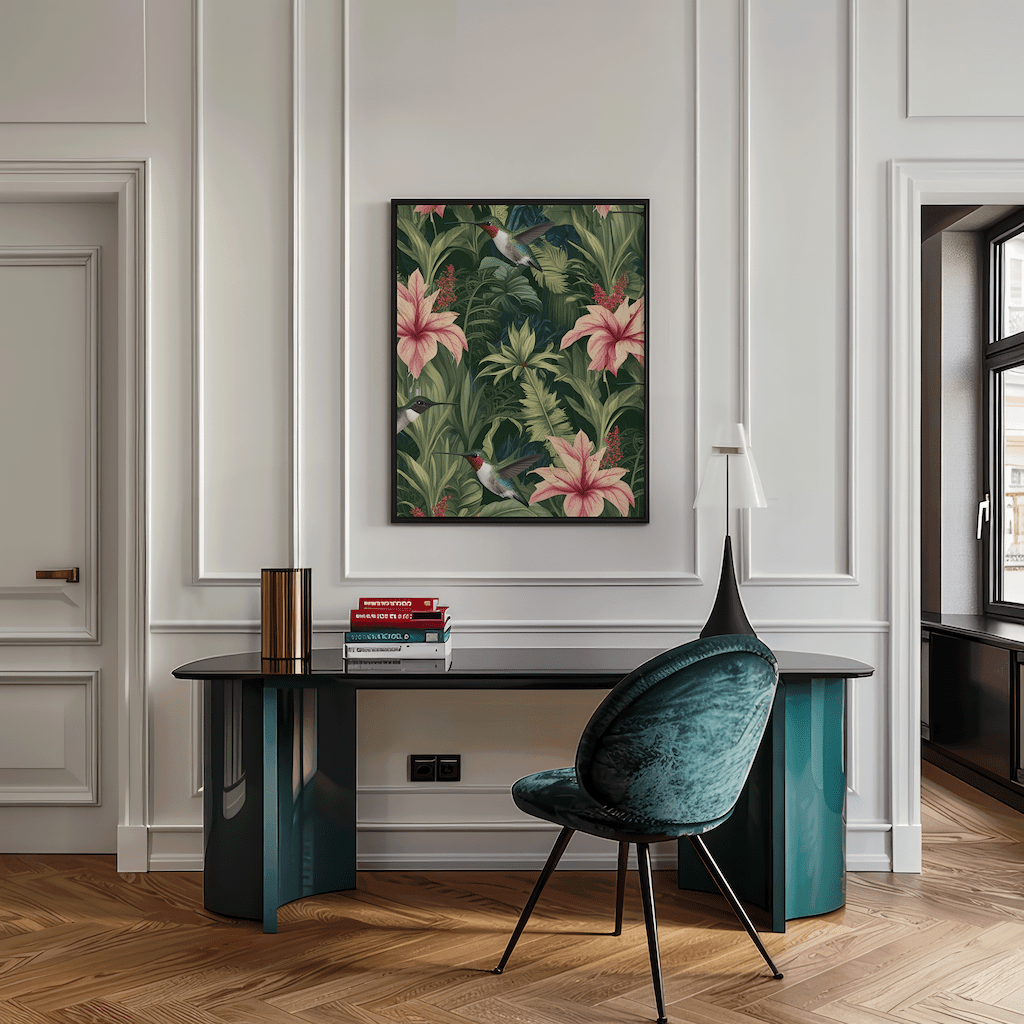 Abstract tropical pink floral wall art in deep green leaves tones with hummingbirds — perfect for living room or bedroom wall decor