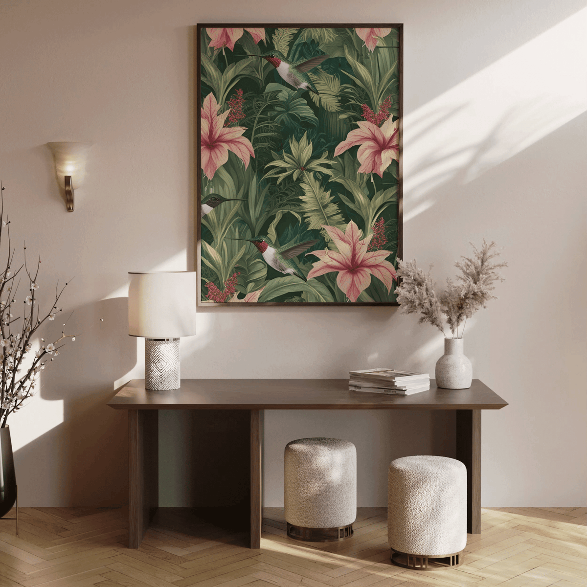 Vibrant tropical print with hummingbirds among pink blooms