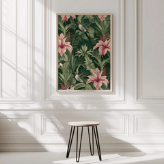 Tropical botanical print in a light wood frame in a bright neutral room