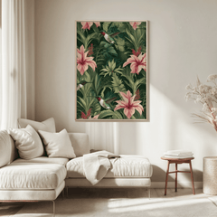Gold-framed green botanical print with tropical flowers, leaves and hummingbirds