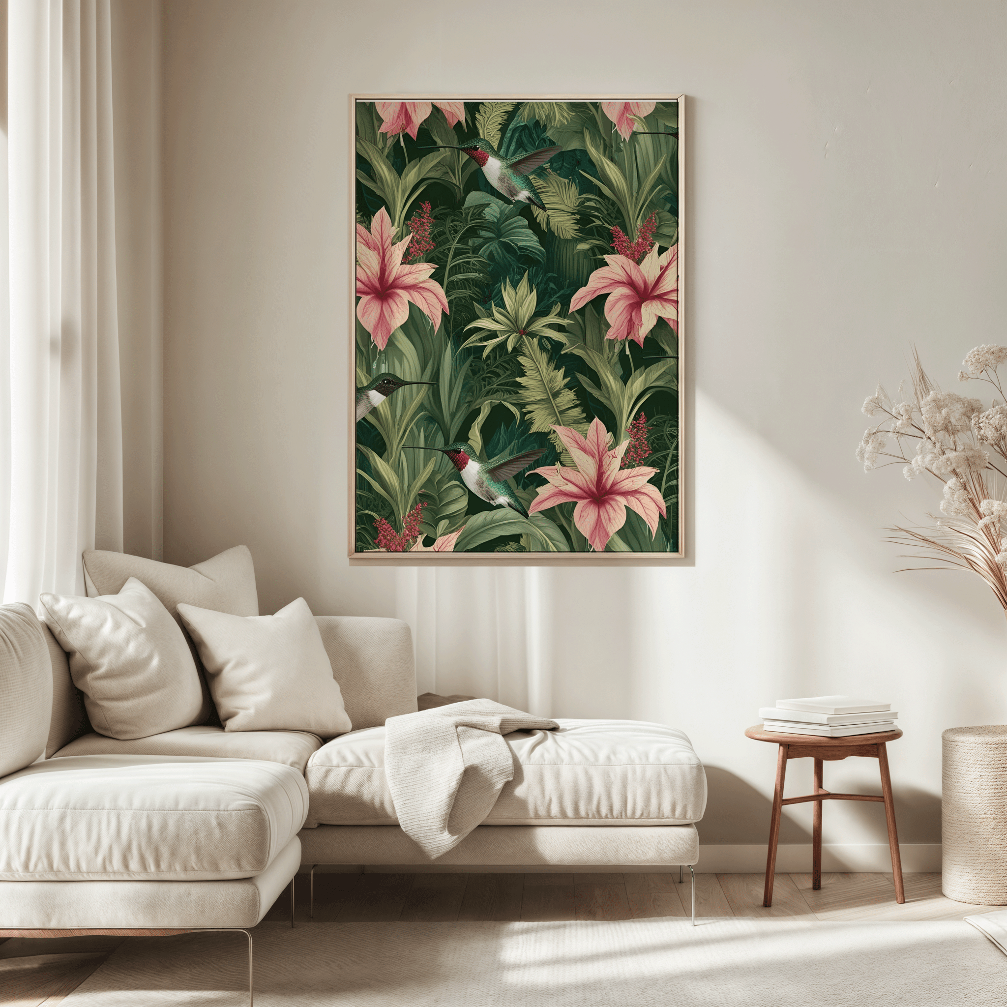 Green botanical wall art with tropical flowers, green lush leaves and hummingbirds, framed in gold — perfect for living room wall art or dining room