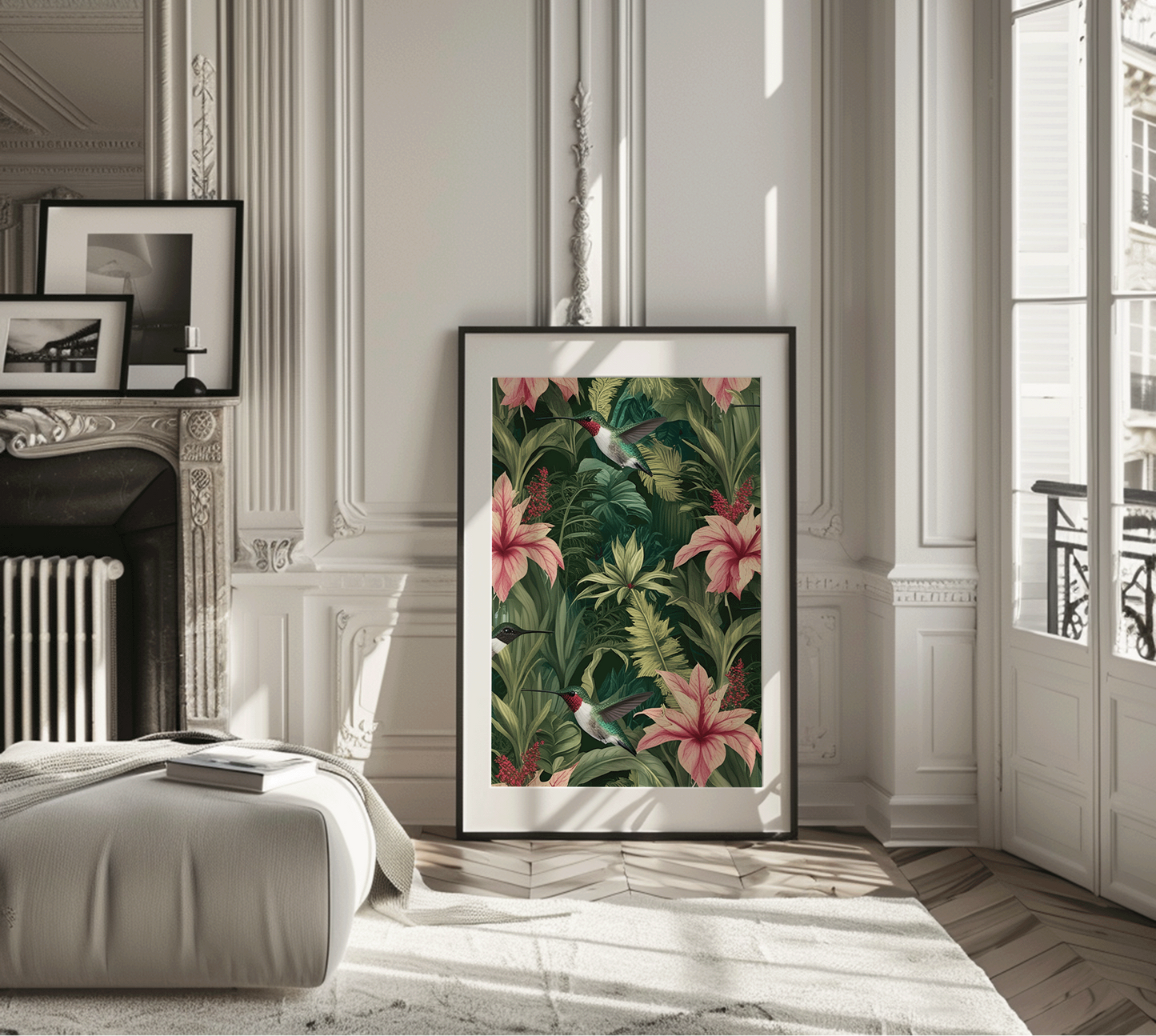A beautiful, vibrant framed tropical floral print with pink flowers and green leaves and hummingbirds, in a stylish living room with decor elements.