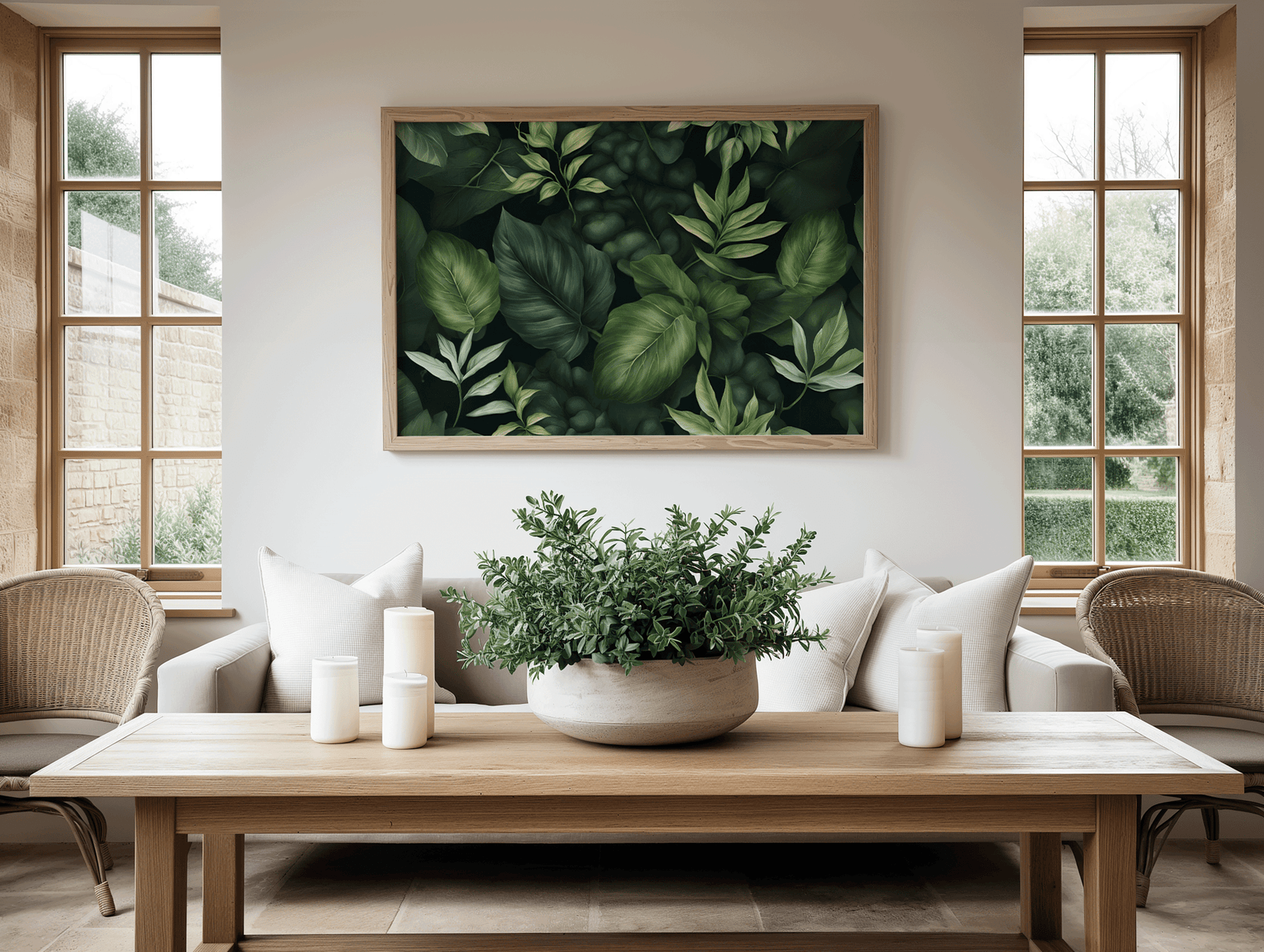 Tropical leaf print in a natural frame above a console in a bright room with tall windows