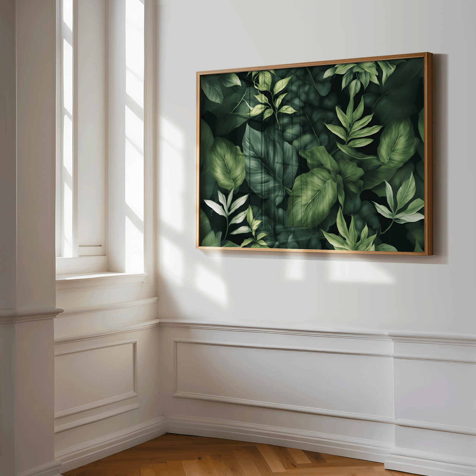 Tropical leaf print in a natural frame in a white panelled corner with soft window light
