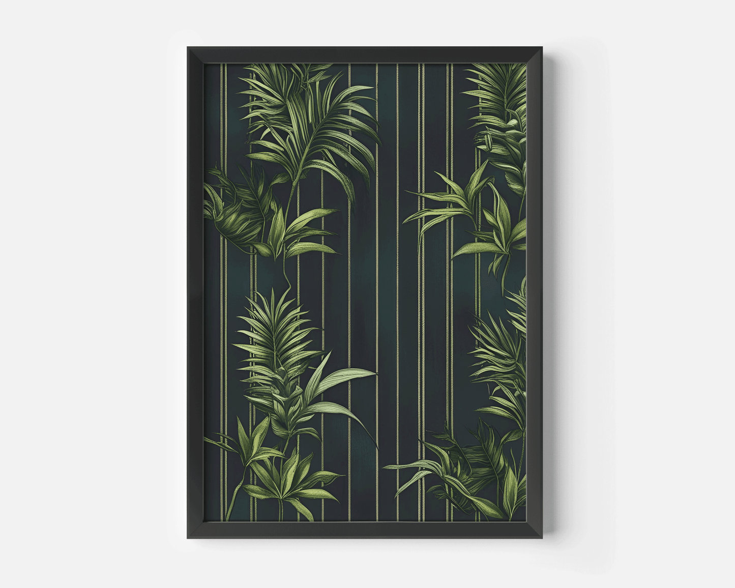 Black framed tropical canvas wall art print of dark green palm leaves on a striped background