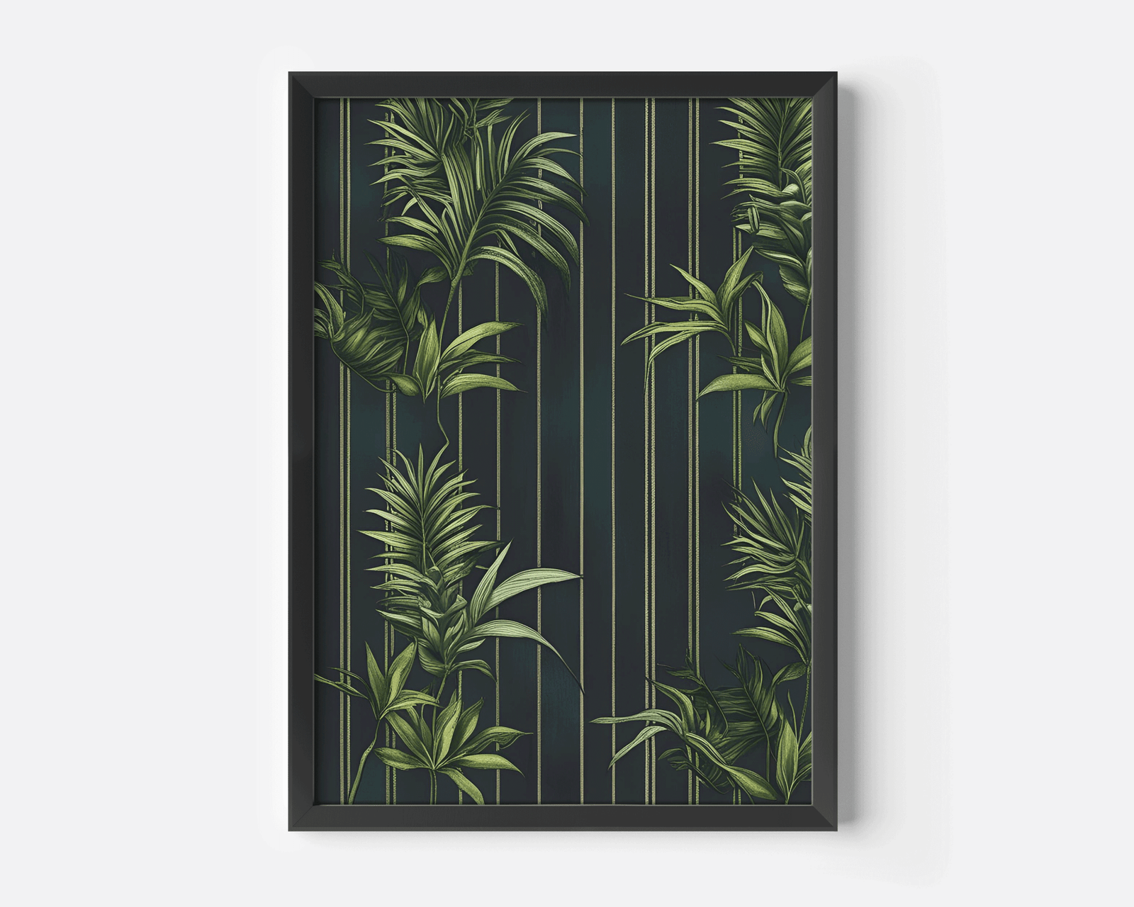 Black framed tropical canvas wall art print of dark green palm leaves on a striped background