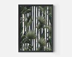 Tropical leaves wall art in a black frame, green botanical print on a black and white striped background