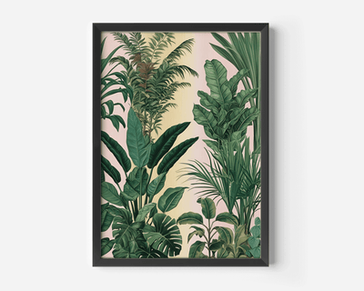 Tropical leaves wall art in a black frame with monstera, banana, and palm leaves