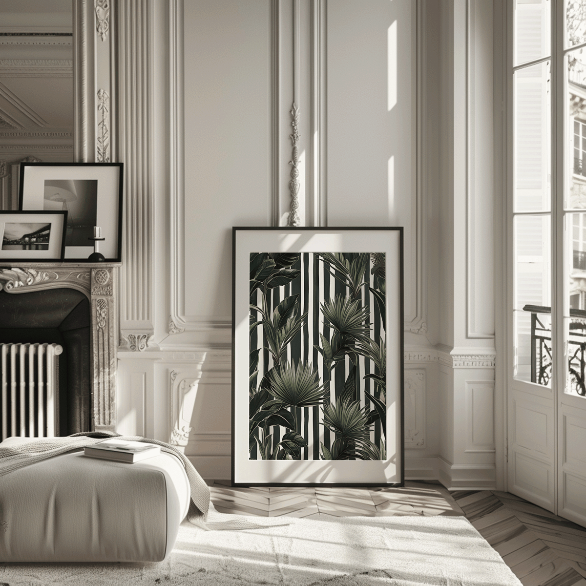 Tropical leaves wall art in a black frame leaning in a classic Parisian apartment