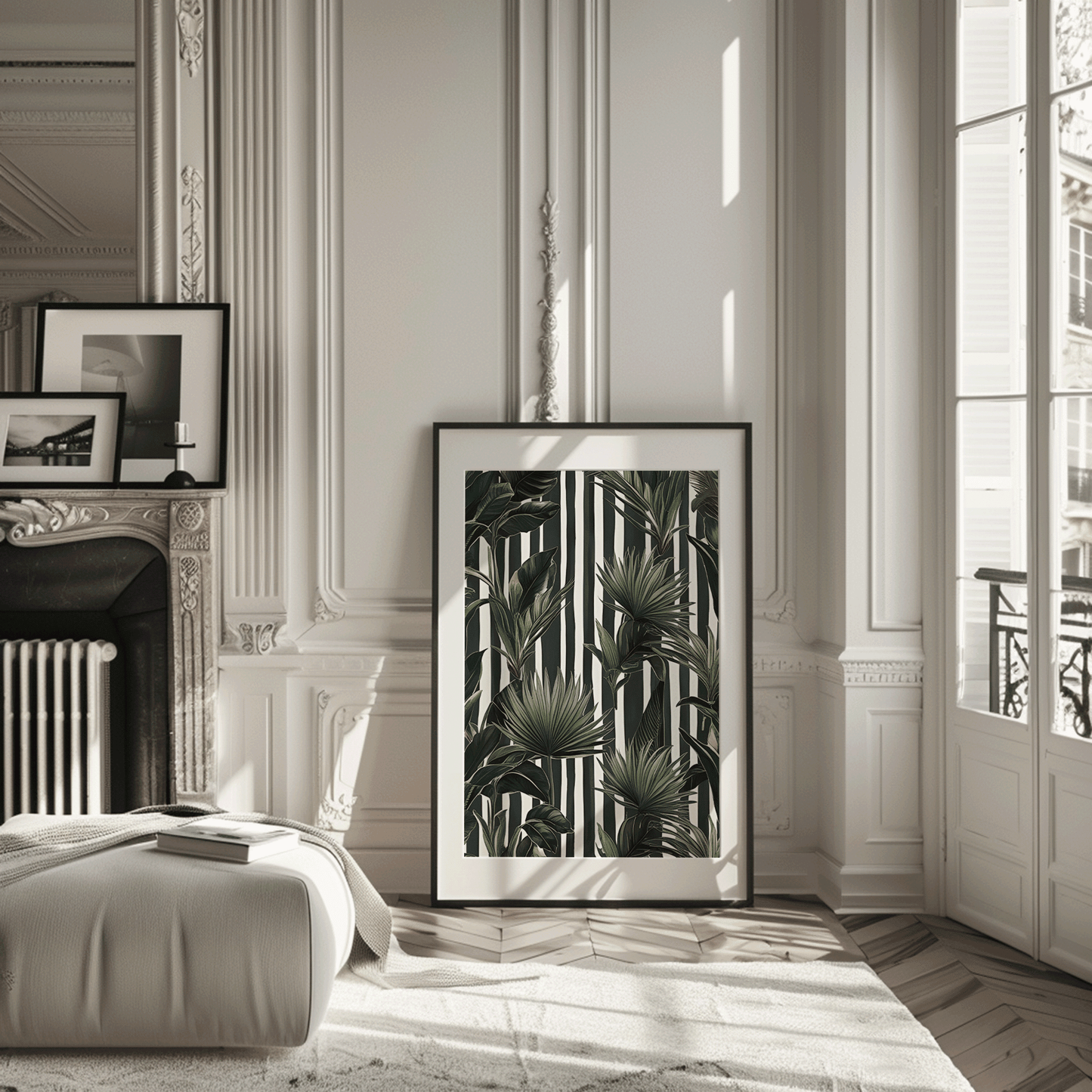 Tropical leaves wall art in a black frame leaning in a classic Parisian apartment