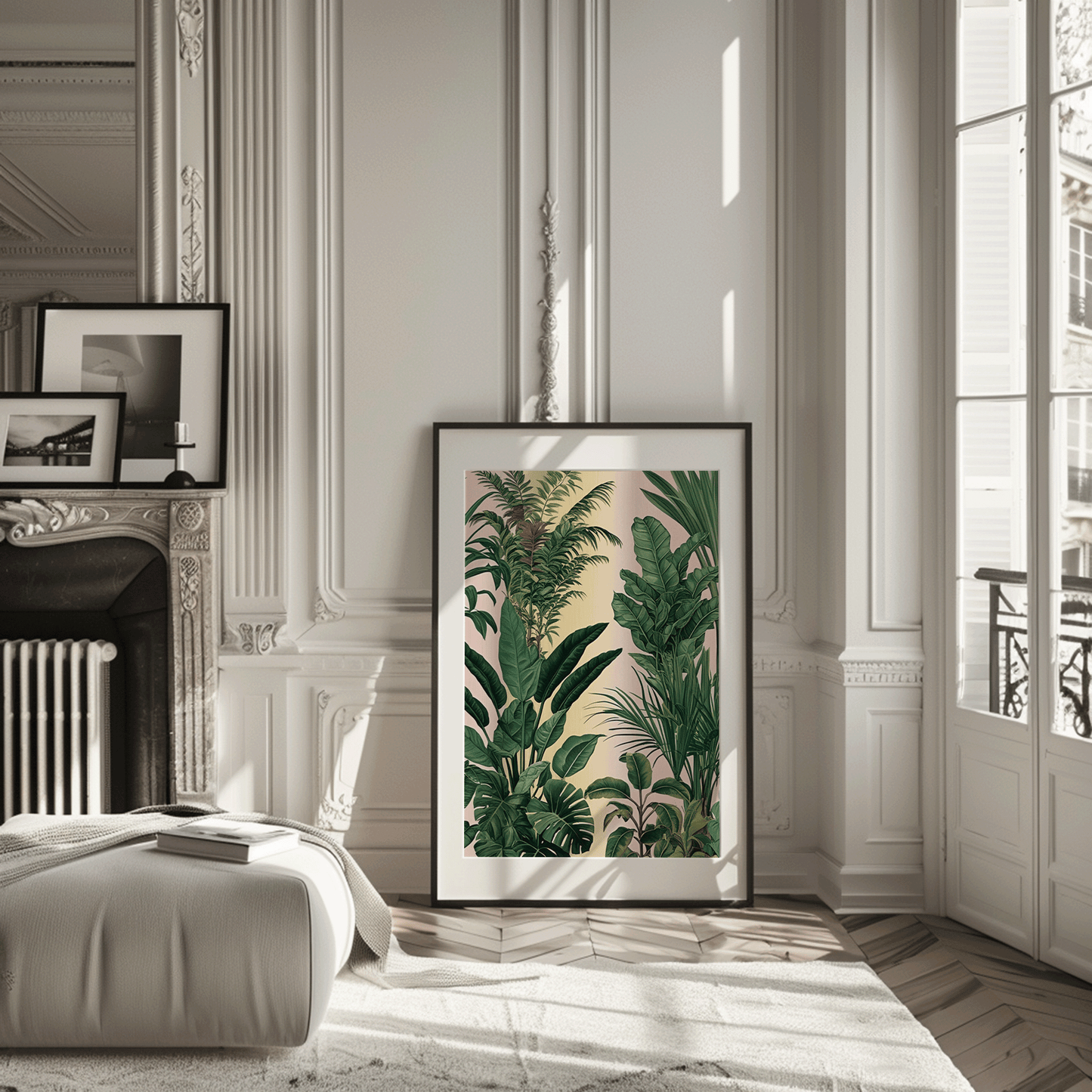 Tropical leaves wall art in a black frame leaning in a classic Parisian apartment