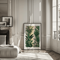 Tropical leaves wall art in a black frame leaning in a classic Parisian apartment