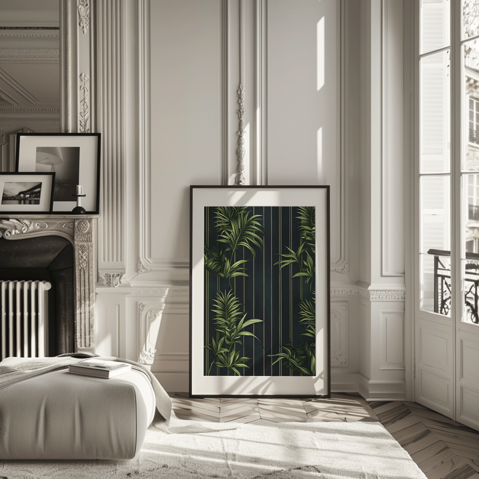Black framed tropical wall art leaning against a wall in a modern living room next to fireplace