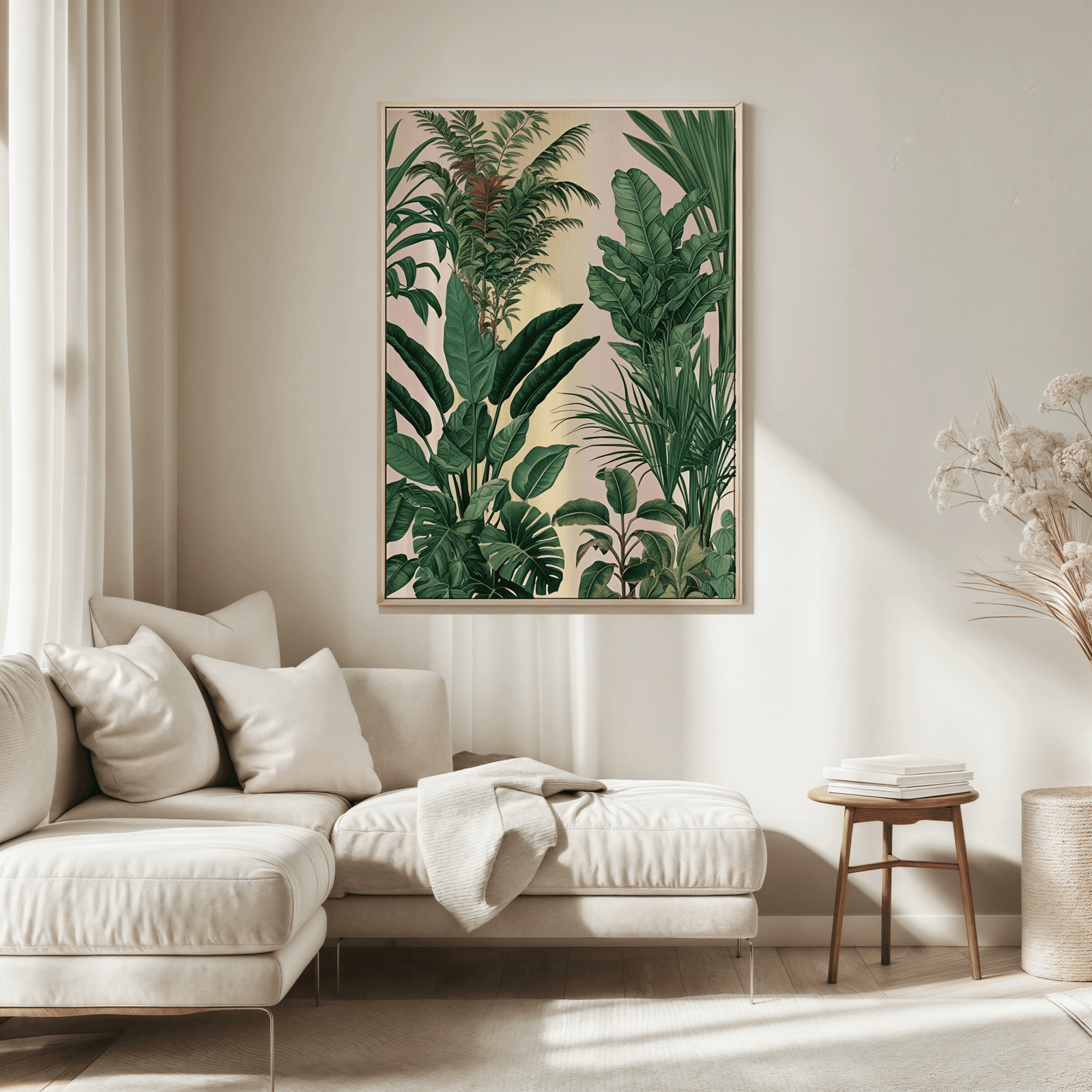 Tropical wall art in a natural wood frame above a cream sofa in a modern living room