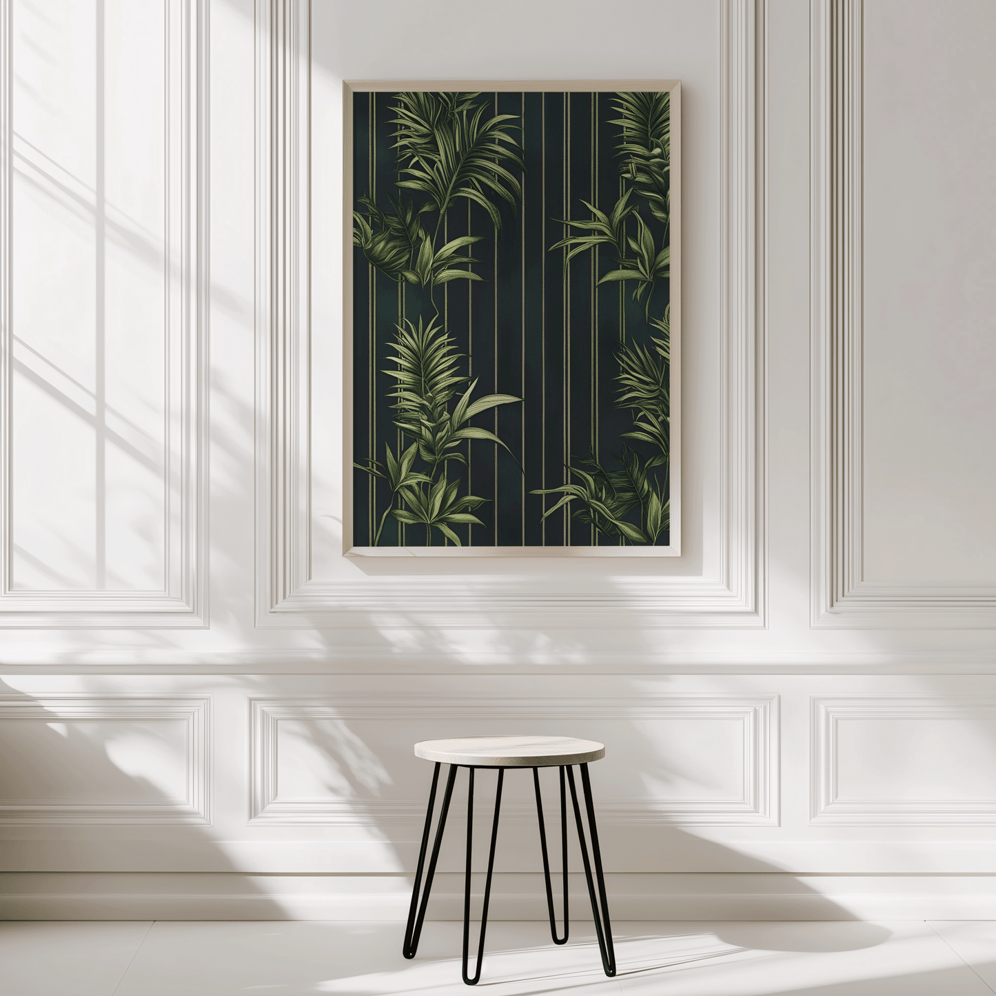 Tropical wall art in natural frame displayed in a minimalist white panelled room