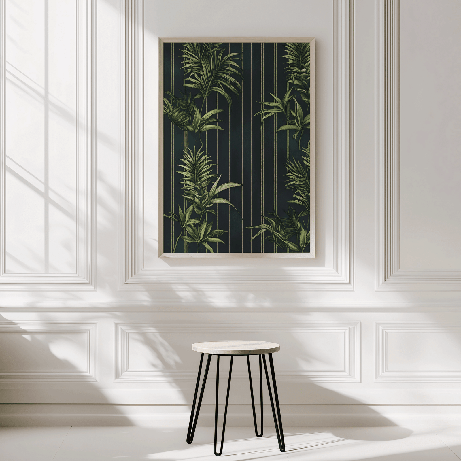 Tropical wall art in natural frame displayed in a minimalist white panelled room