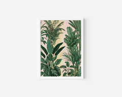 Tropical wall art in a white frame, green monstera and palm leaves botanical print