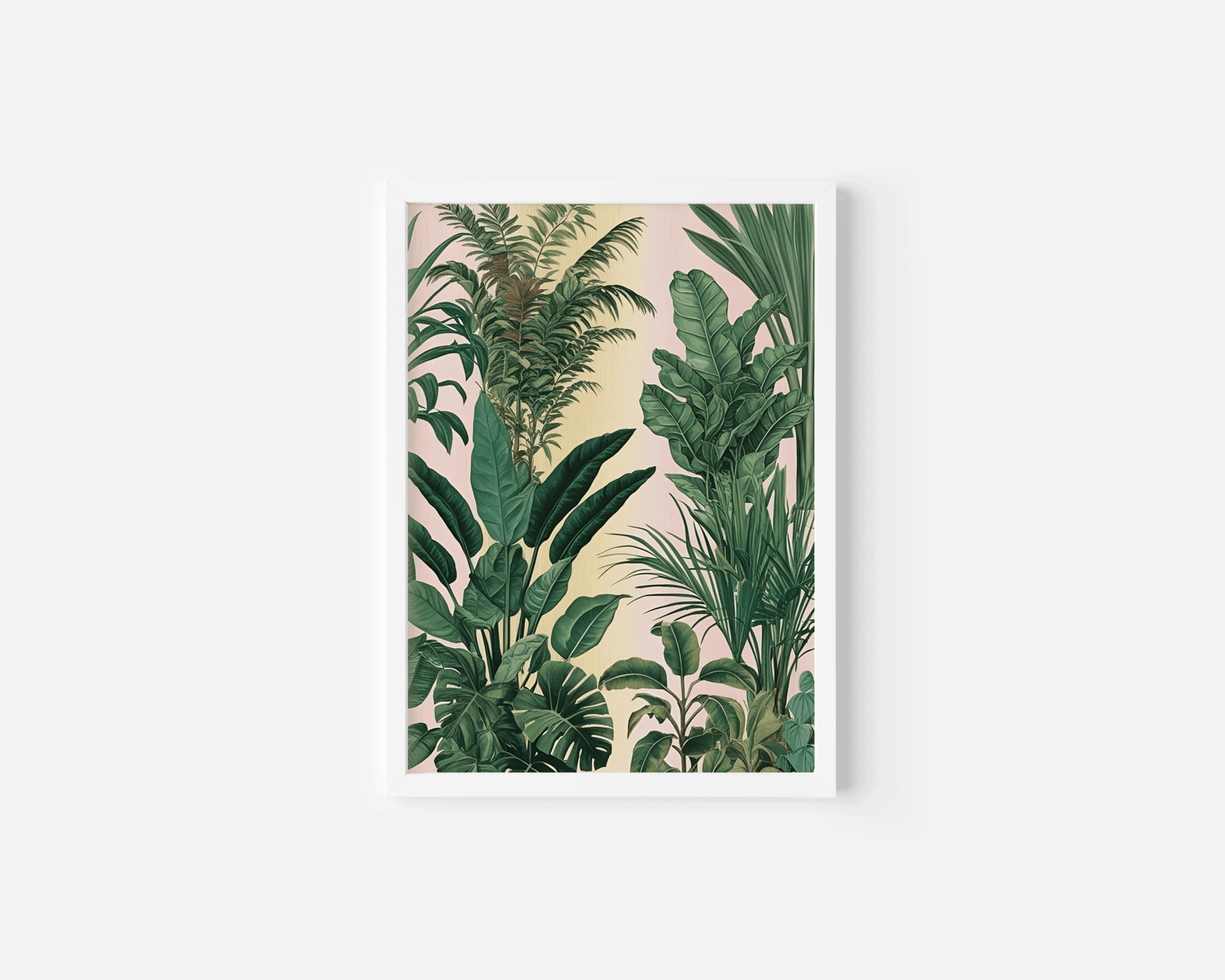 Tropical wall art in a white frame, green monstera and palm leaves botanical print