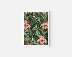 Tropical hummingbird print with botanical details for a living or dining room
